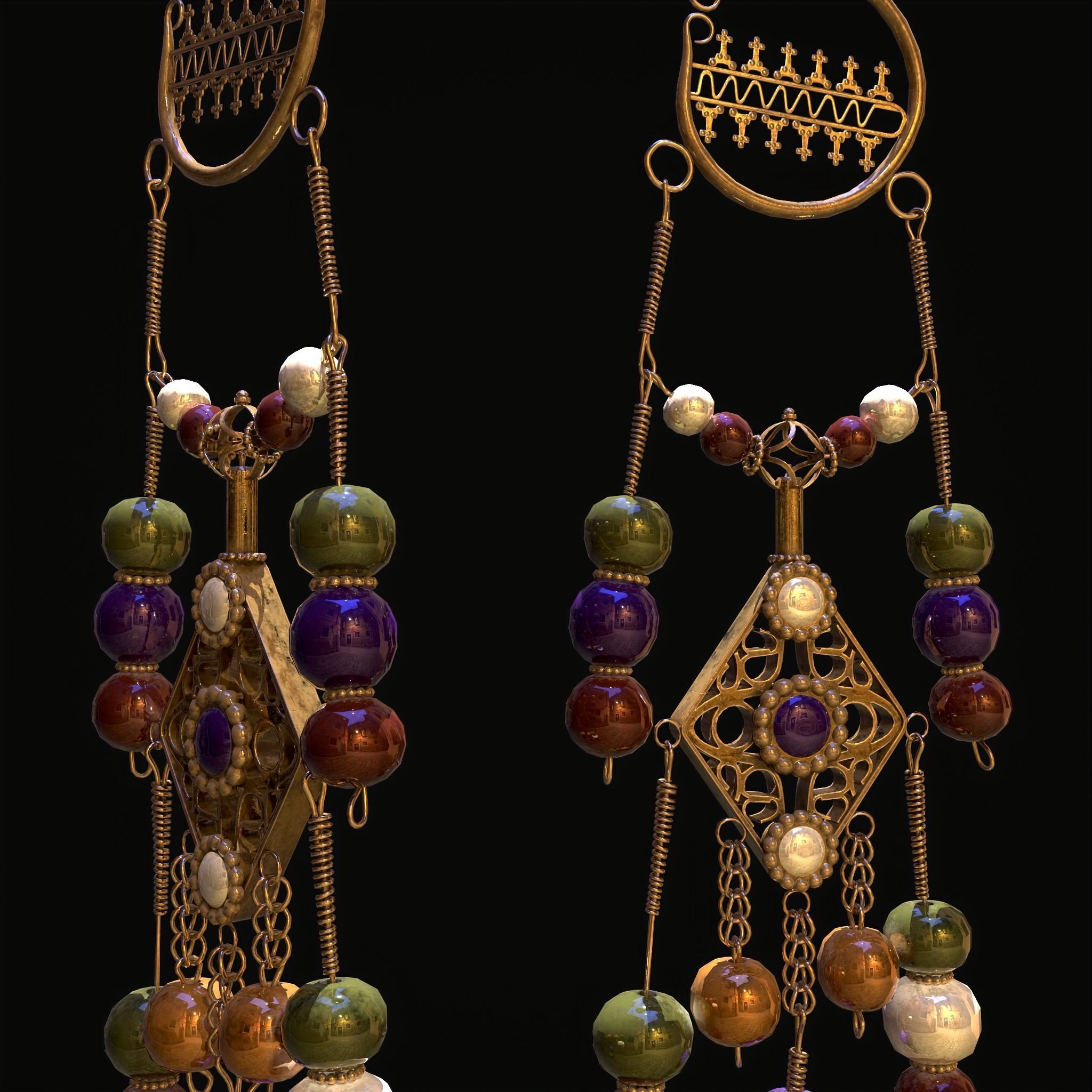 Medieval Hanging Bead Tassel Earrings Low-poly 3D model_3