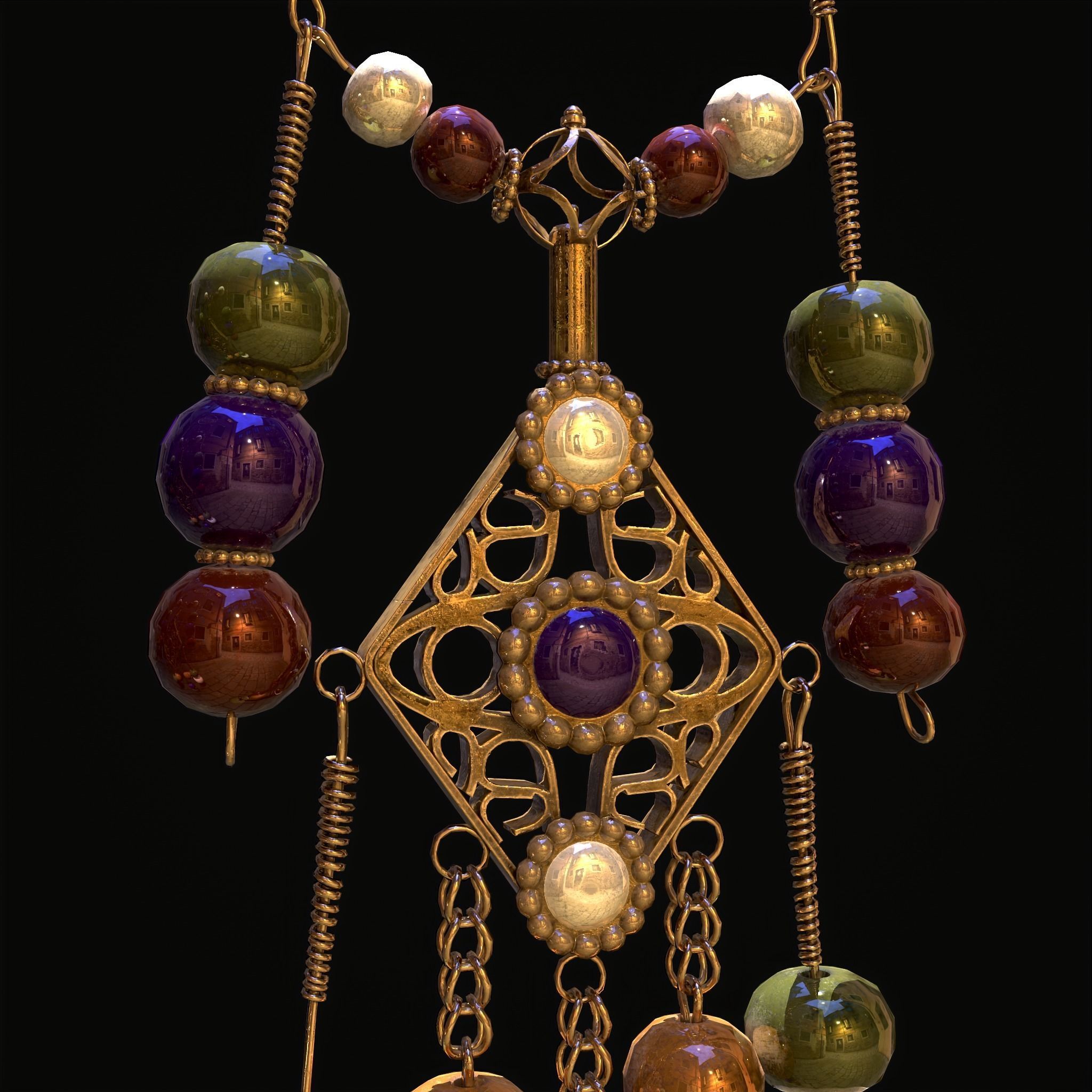Medieval Hanging Bead Tassel Earrings Low-poly 3D model_7