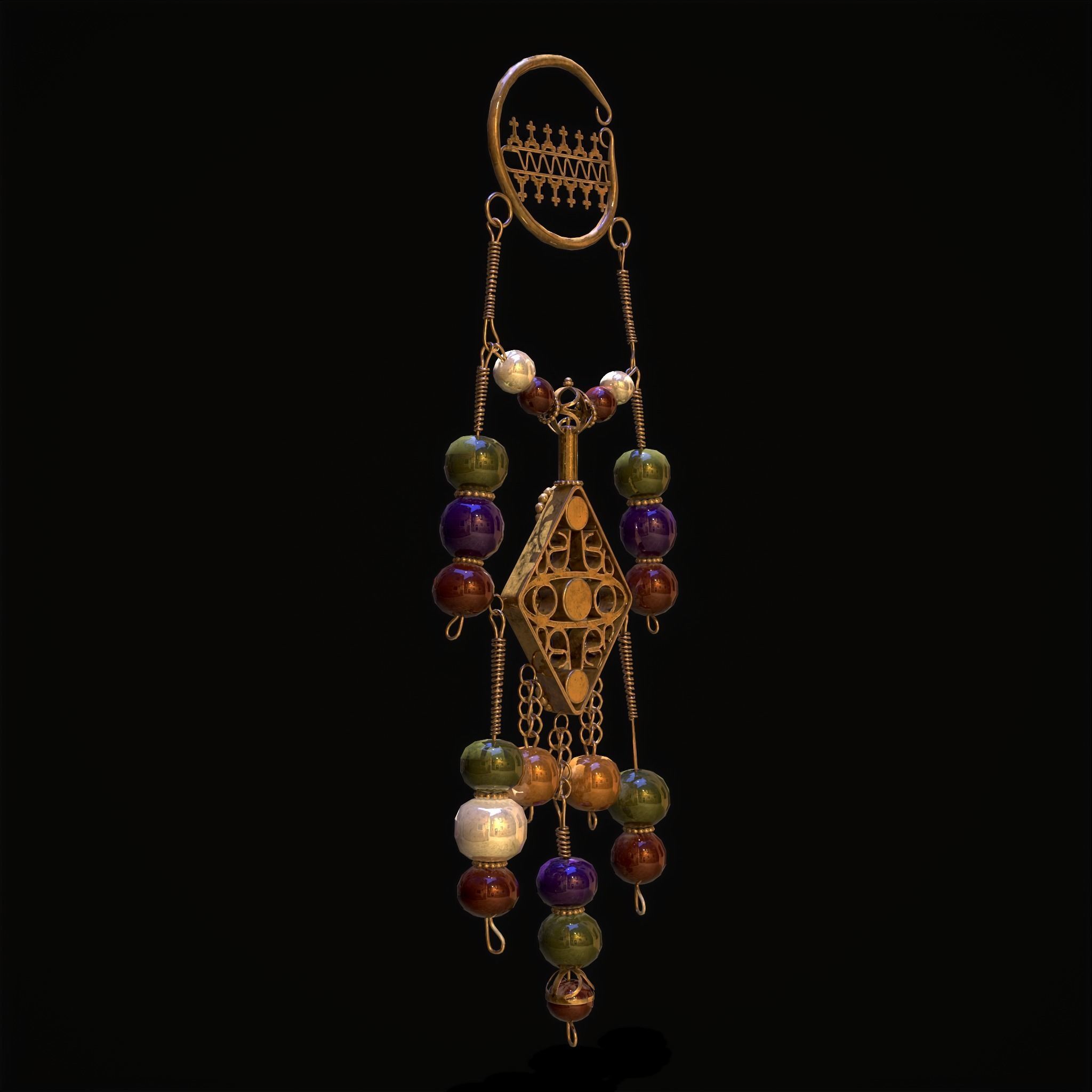 Medieval Hanging Bead Tassel Earrings Low-poly 3D model_17