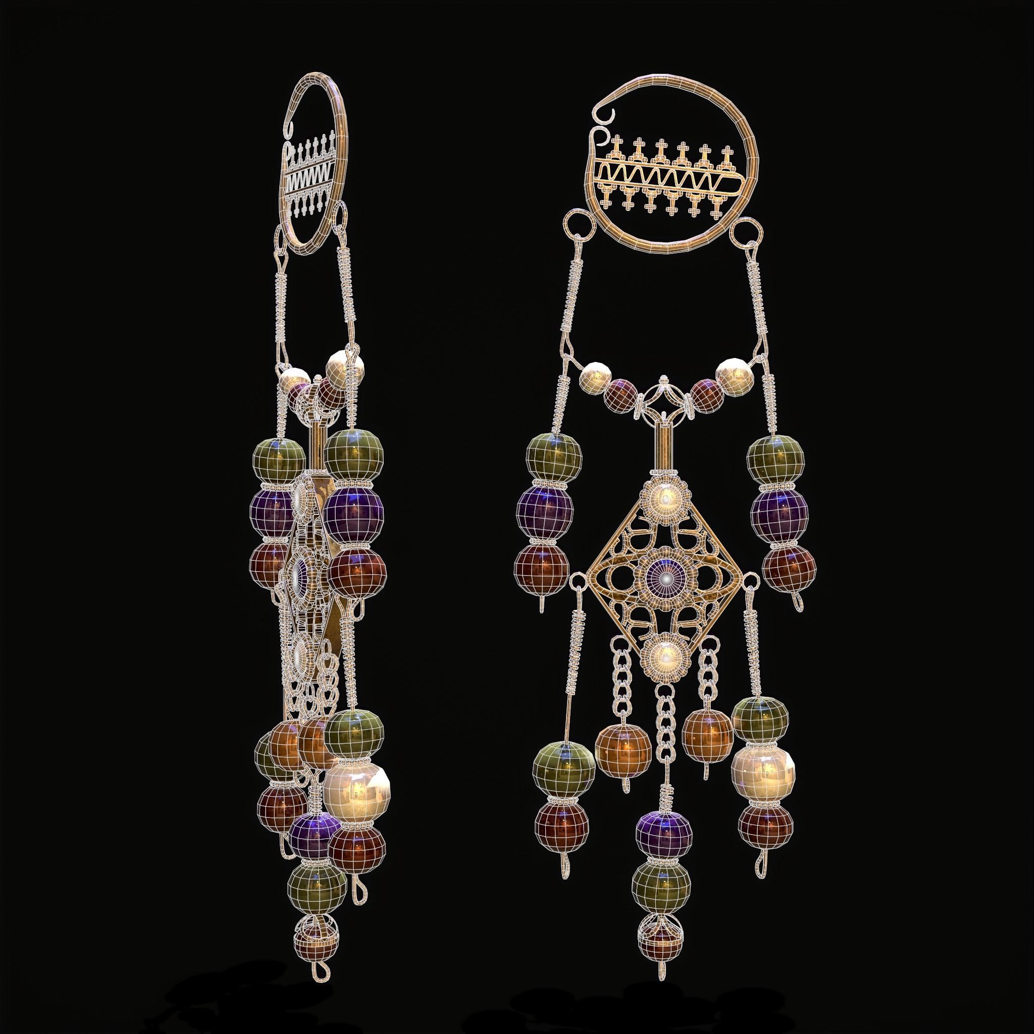 Medieval Hanging Bead Tassel Earrings Low-poly 3D model_2