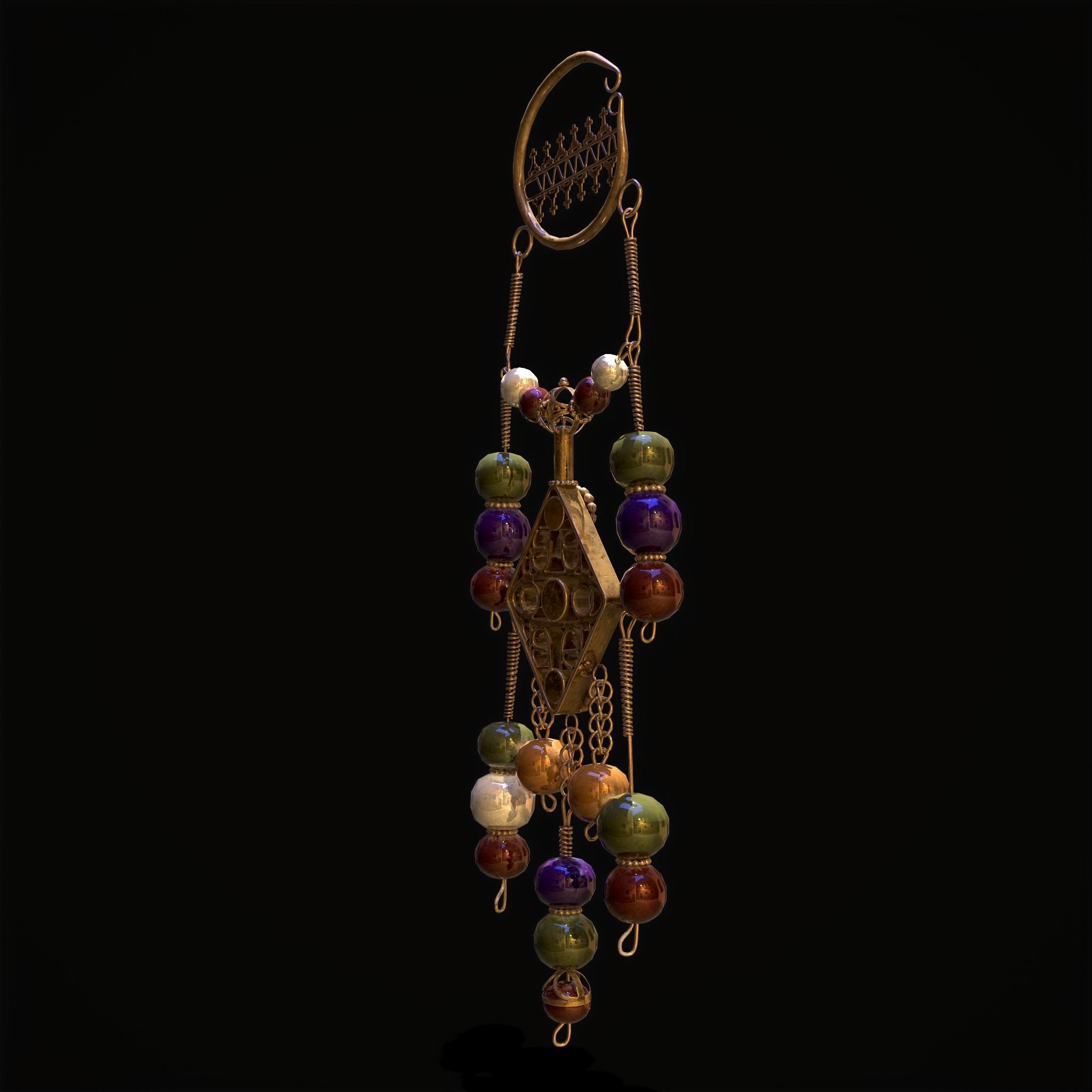Medieval Hanging Bead Tassel Earrings Low-poly 3D model_15