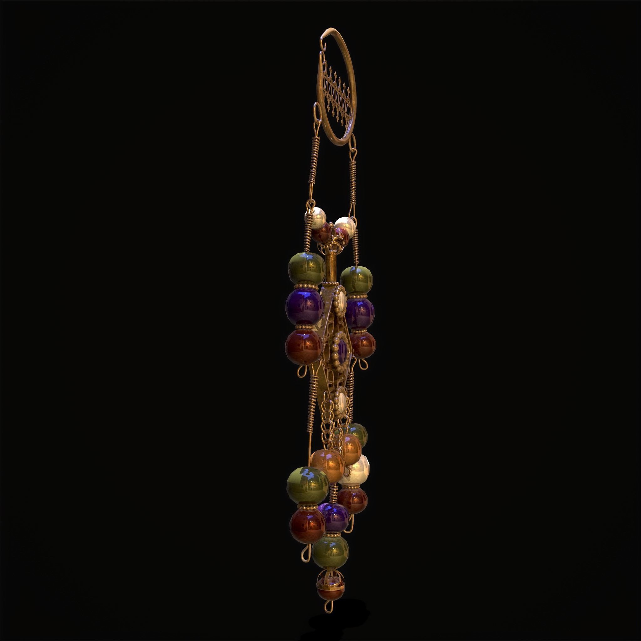 Medieval Hanging Bead Tassel Earrings Low-poly 3D model_13
