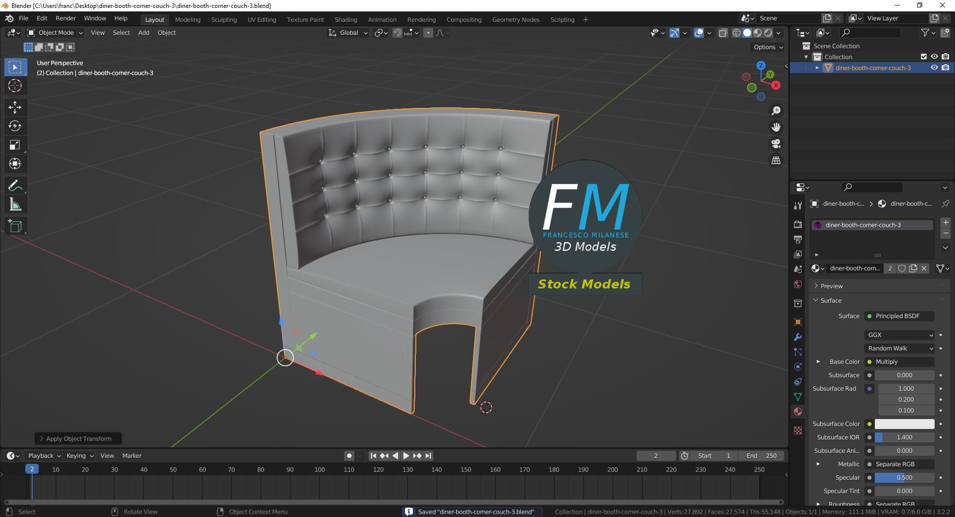 Diner booth corner couch 3 3D model_9
