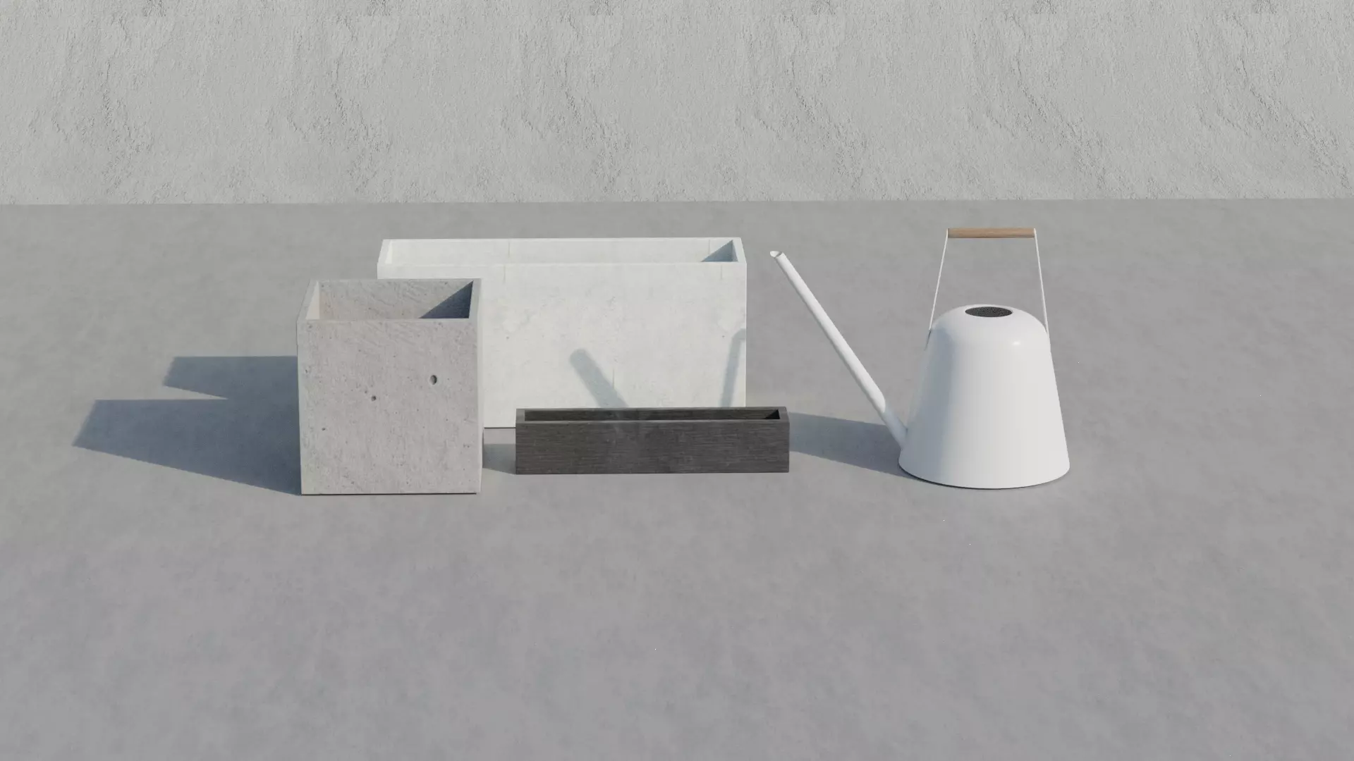 garden set concrete pots and watering can 3D model_0