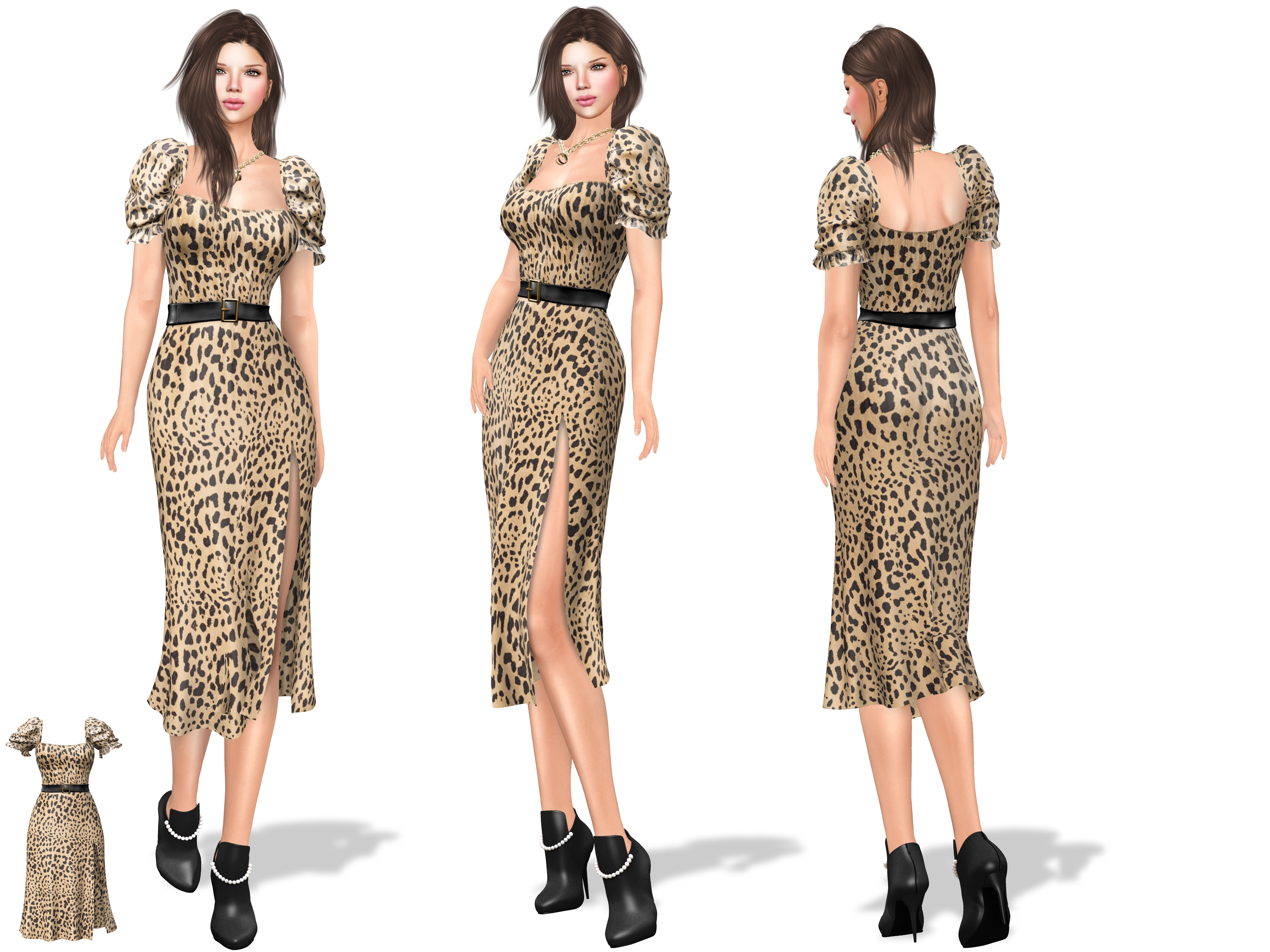 Puff Sleeved Belted Dress with Cutouts Low-poly 3D model_2