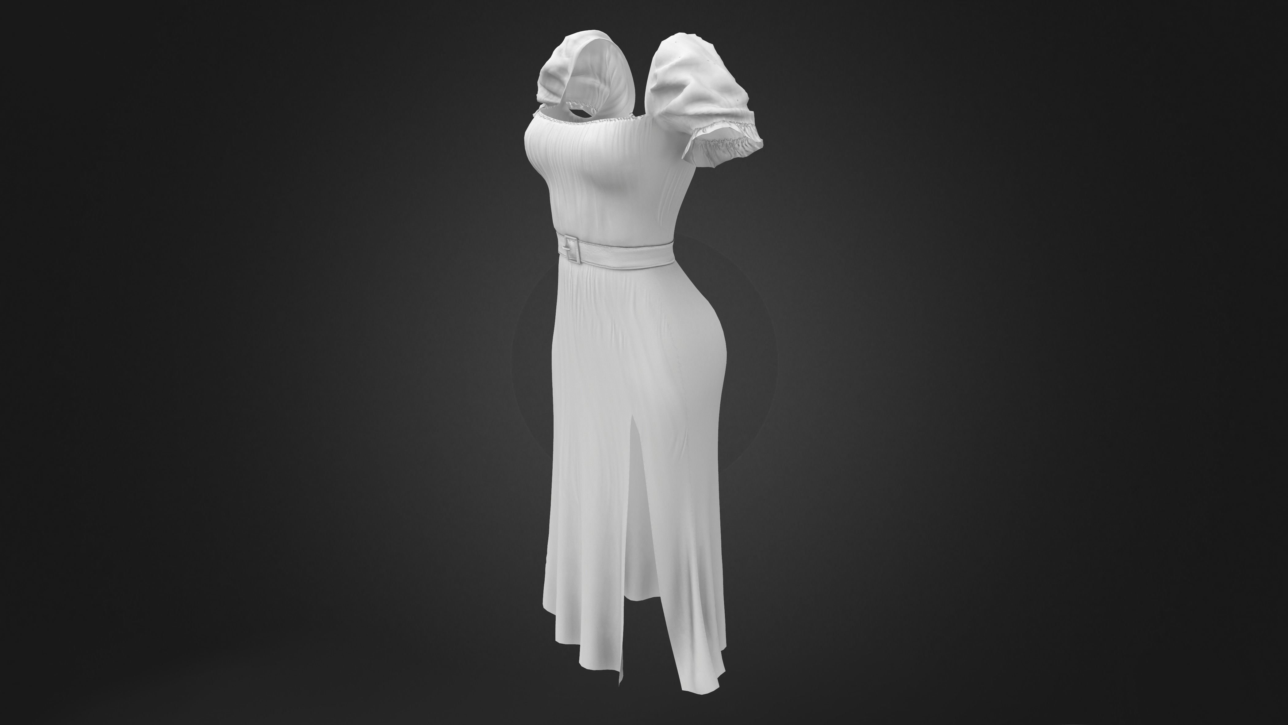 Puff Sleeved Belted Dress with Cutouts Low-poly 3D model_9