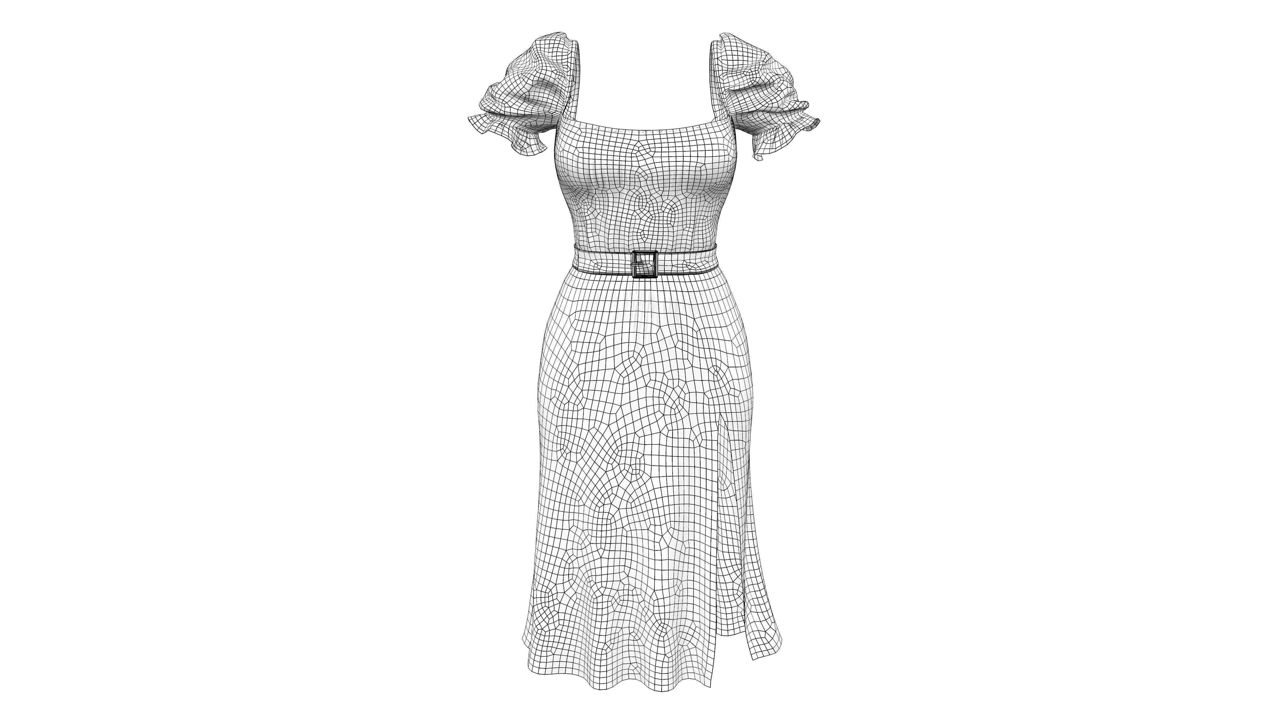 Puff Sleeved Belted Dress with Cutouts Low-poly 3D model_7