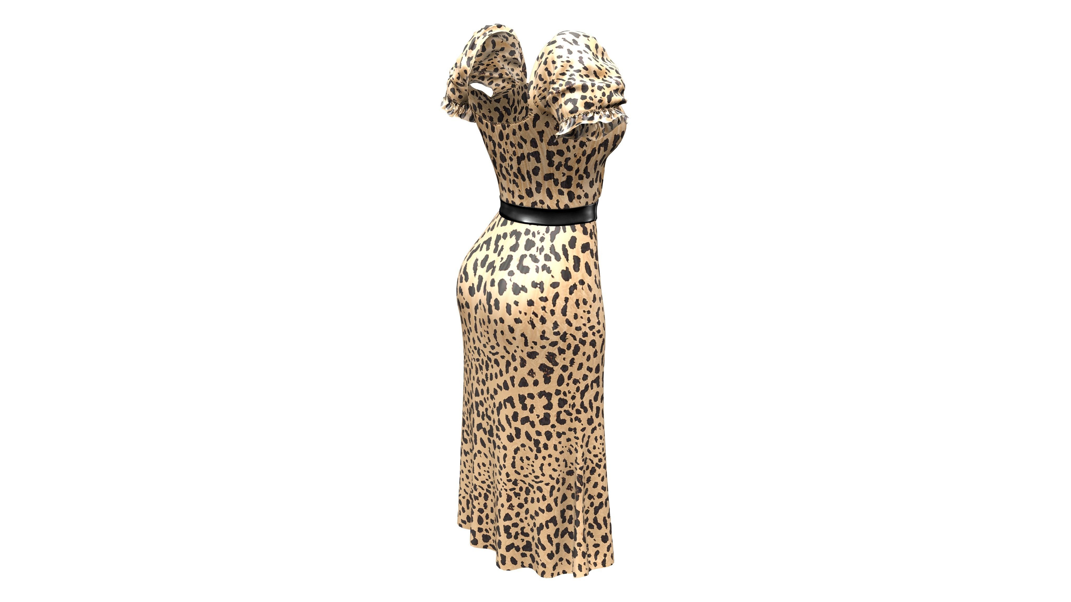 Puff Sleeved Belted Dress with Cutouts Low-poly 3D model_6