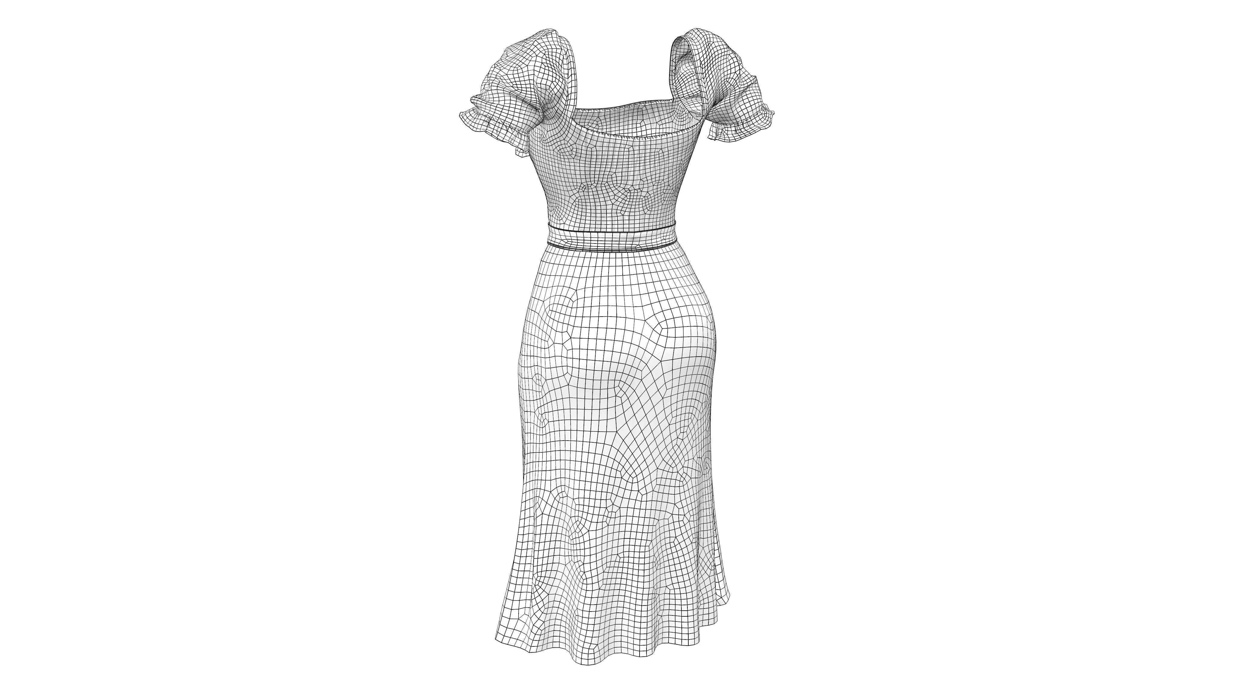 Puff Sleeved Belted Dress with Cutouts Low-poly 3D model_8