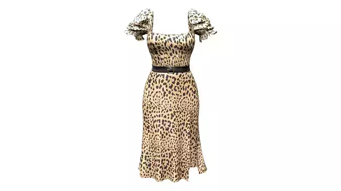 Puff Sleeved Belted Dress with Cutouts Low-poly 3D model