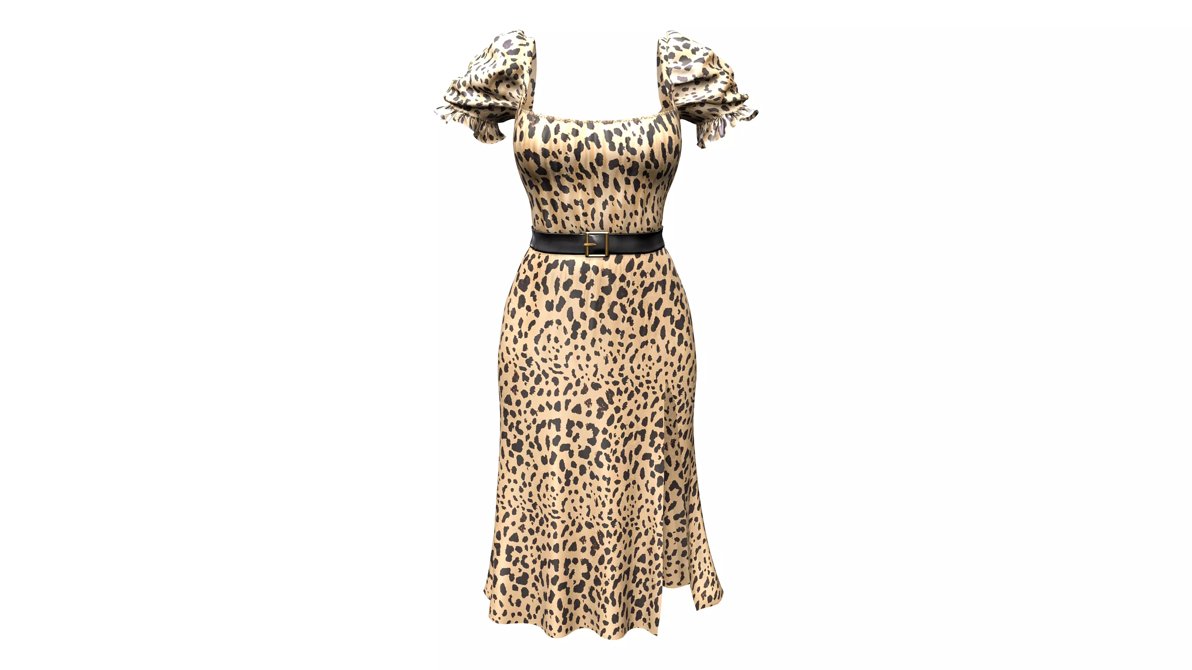 Puff Sleeved Belted Dress with Cutouts Low-poly 3D model_0