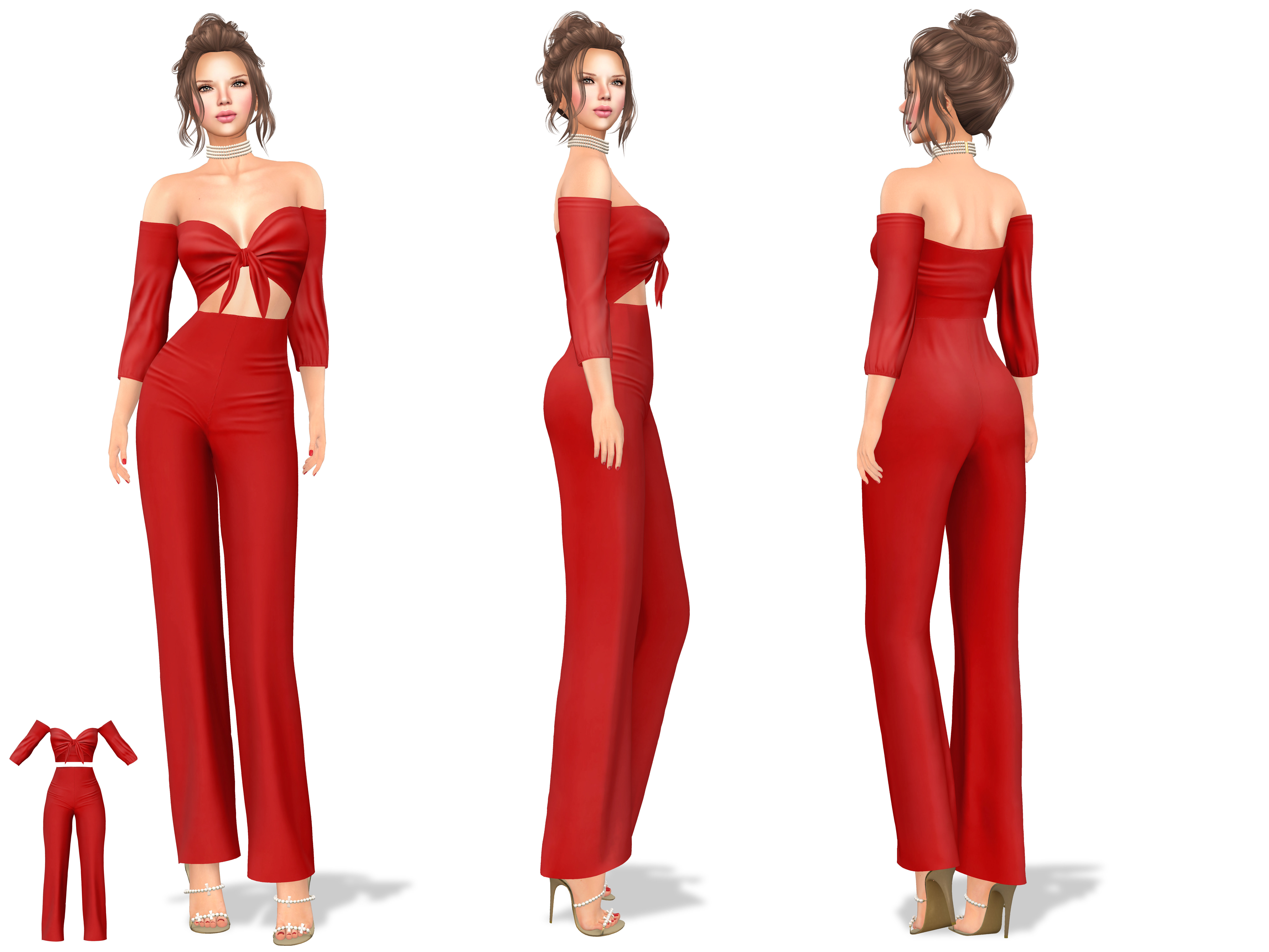 Front Tied Off Shoulder Jumpsuit Low-poly 3D model_2