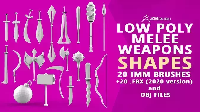20 Low poly medieval fantasy melee weapon base mesh IMM brush 3D model