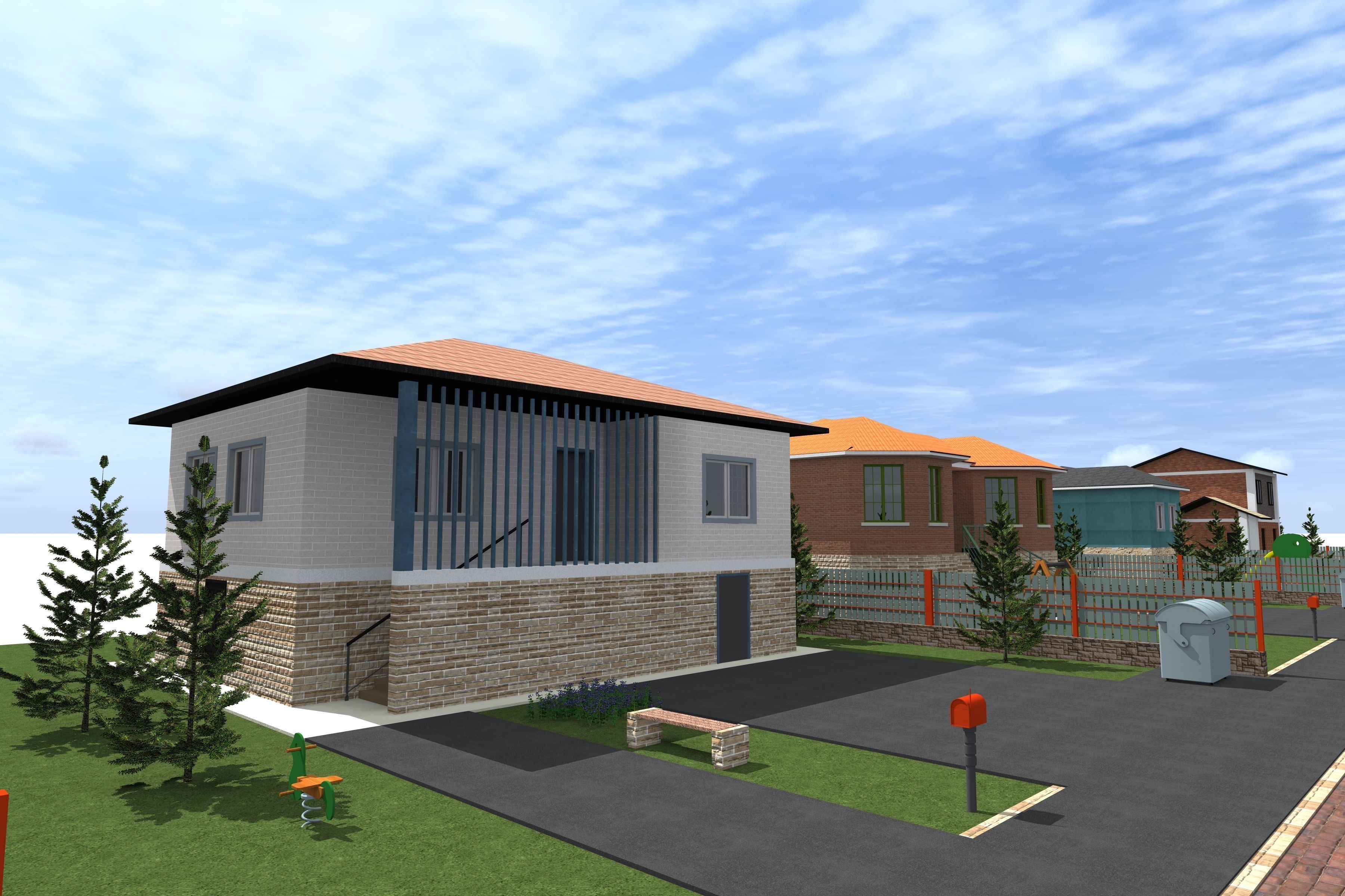 architecture house with two cars parked 3D model_4