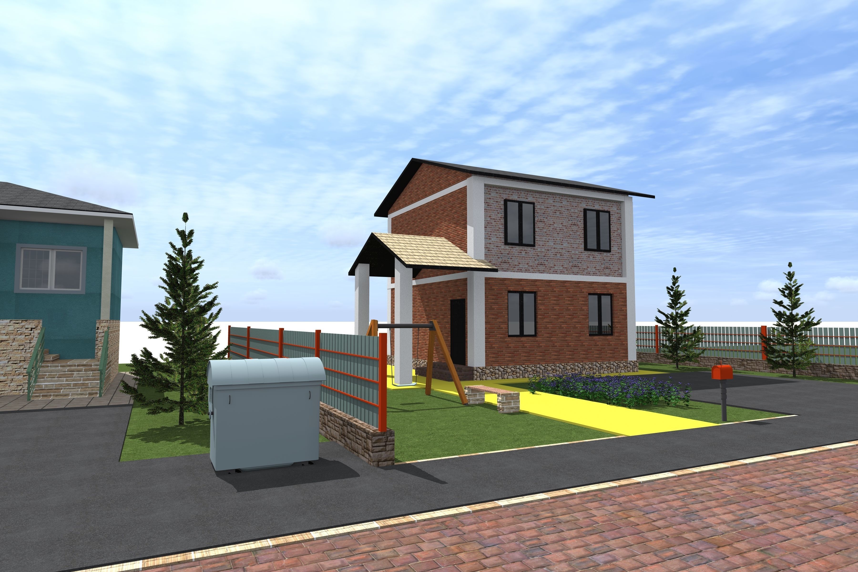 architecture house with two cars parked 3D model_7