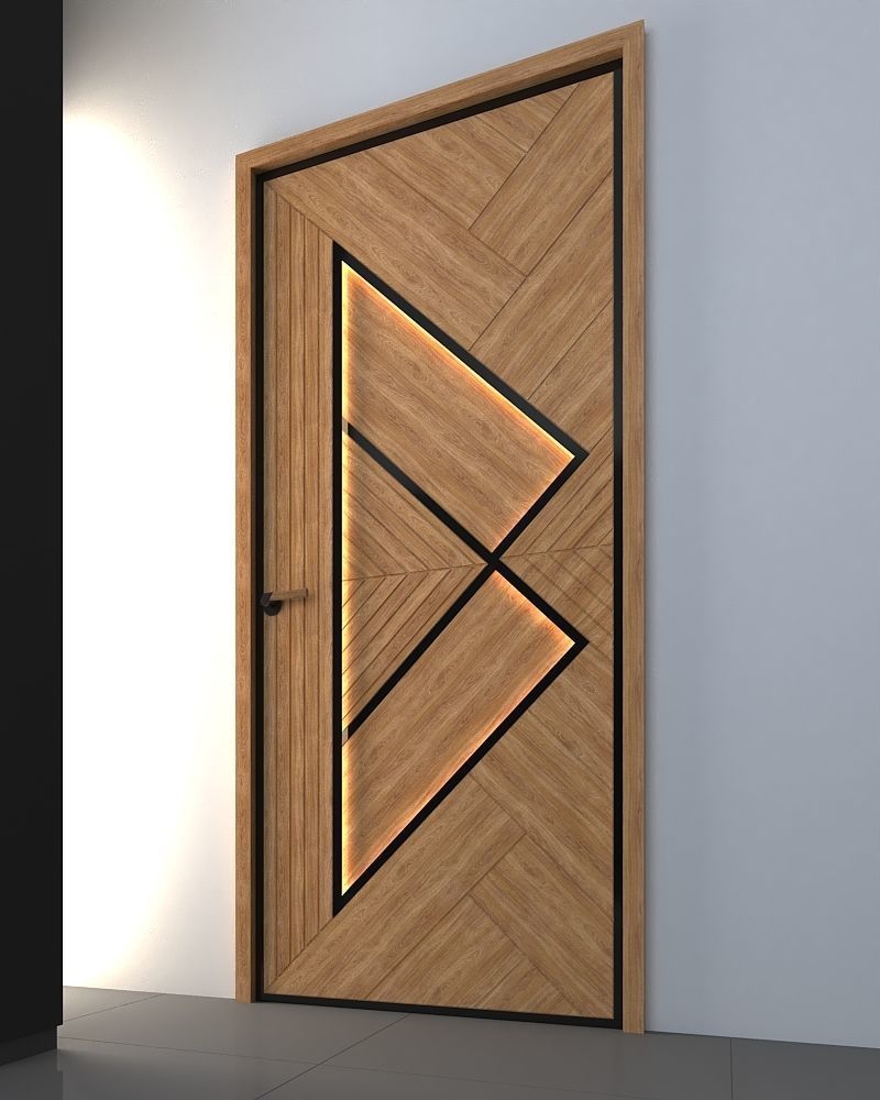 3d door wooden with triangle design Low-poly 3D model_1