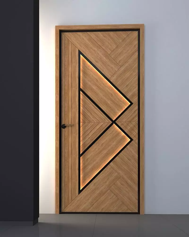 3d door wooden with triangle design Low-poly 3D model_0