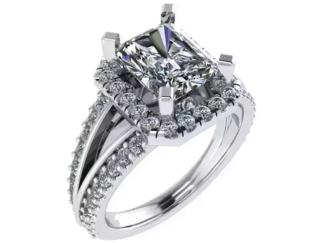 Emerald Cut Halo Branch Shank Ring 0545
