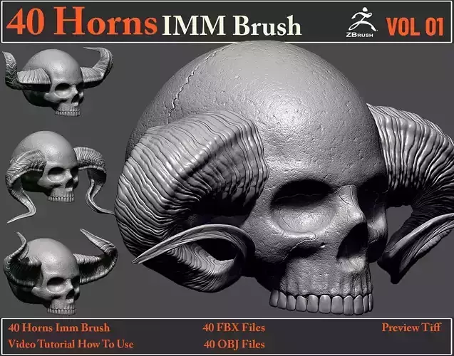 40 Horns IMM Brush - 40 FBX  OBJ Files - Video How To Use