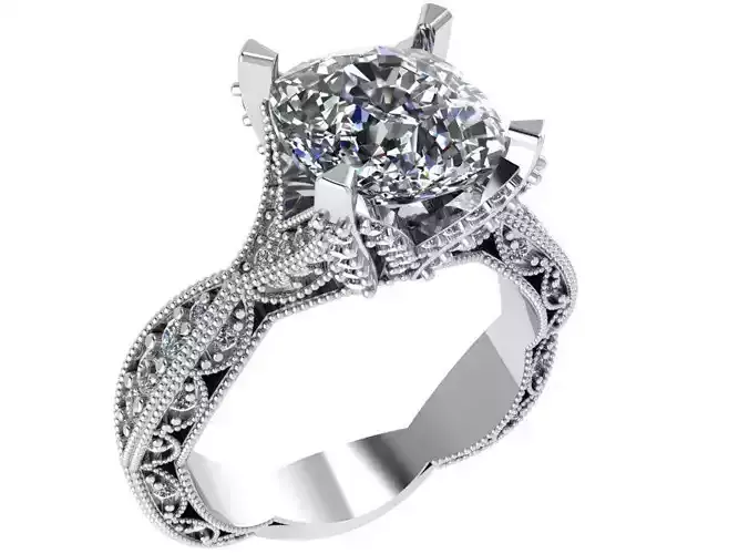 Cushion Cut Milgrain and Diamond Ring 0562