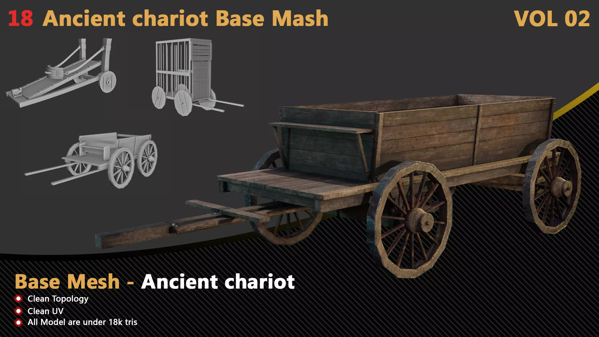 18 Ancient Chariot Base Mesh - VOL 02 - Clean UV and Topology Low-poly 3D model