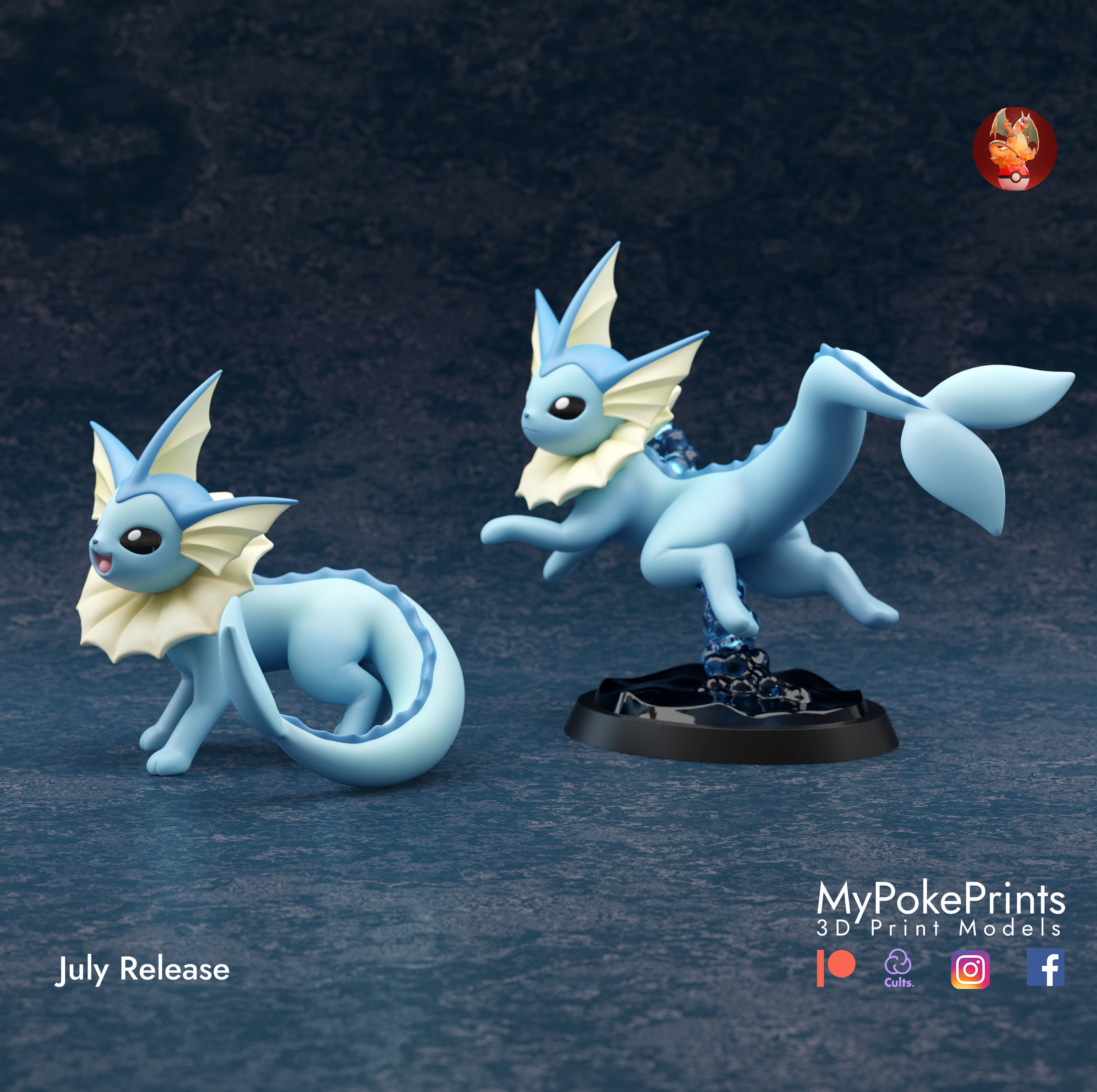 VAPOREON 3 POSES - PRE-SUPPORTED EEVEELUTION POKEMON 3D print model_1