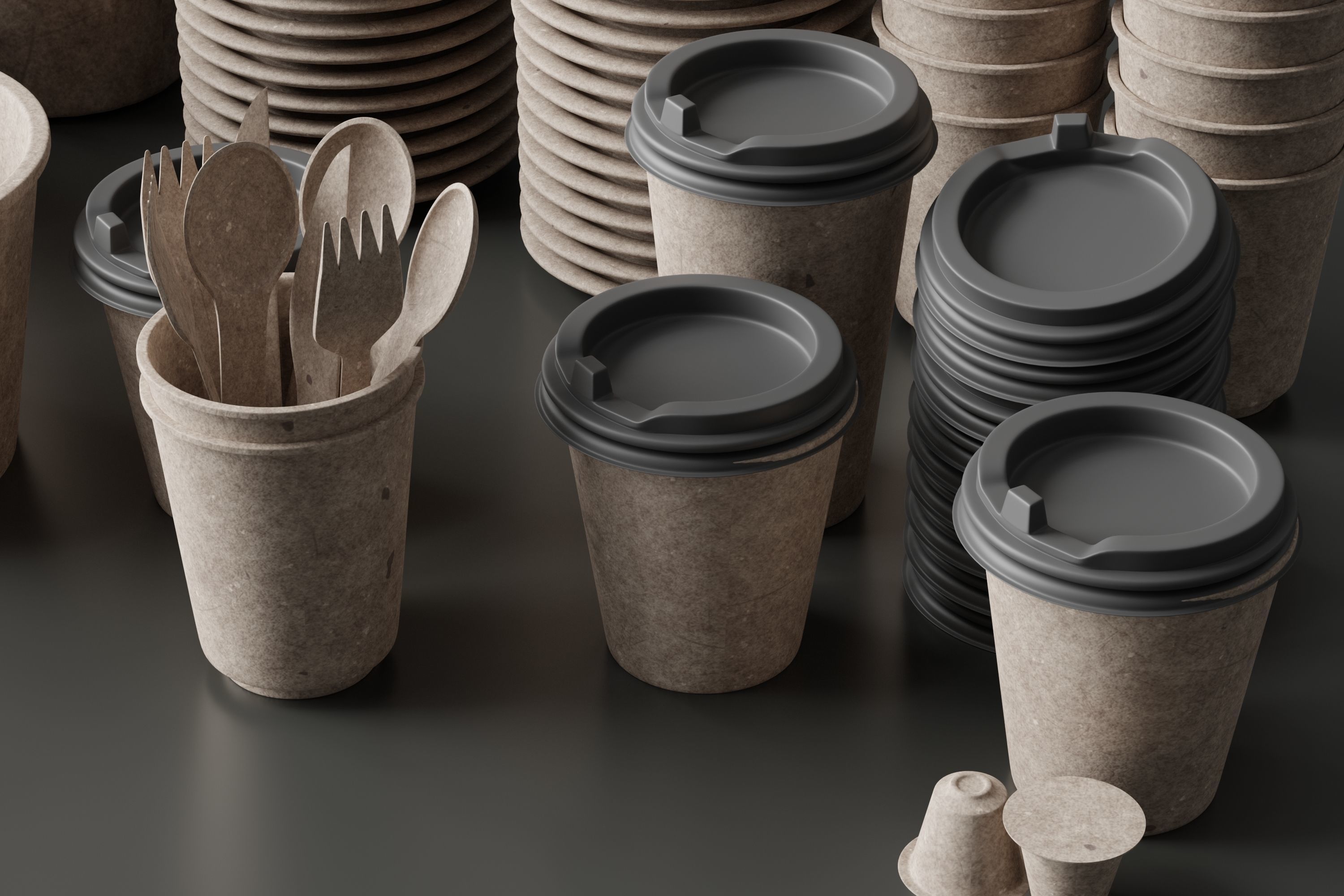 eco friendly tableware collection Low-poly 3D model_1