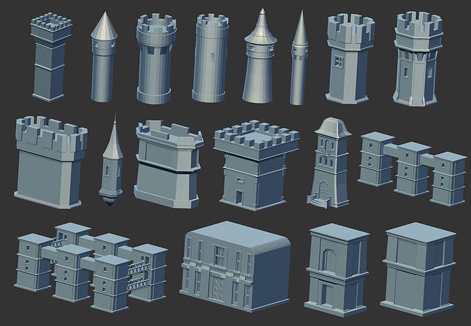 100 Low poly medieval fantasy castle fortress kitbash IMM brush 3D model 2