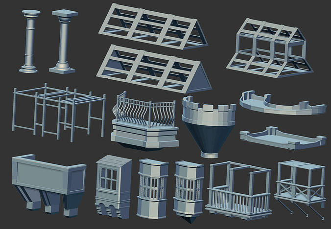 100 Low poly medieval fantasy castle fortress kitbash IMM brush 3D model 7