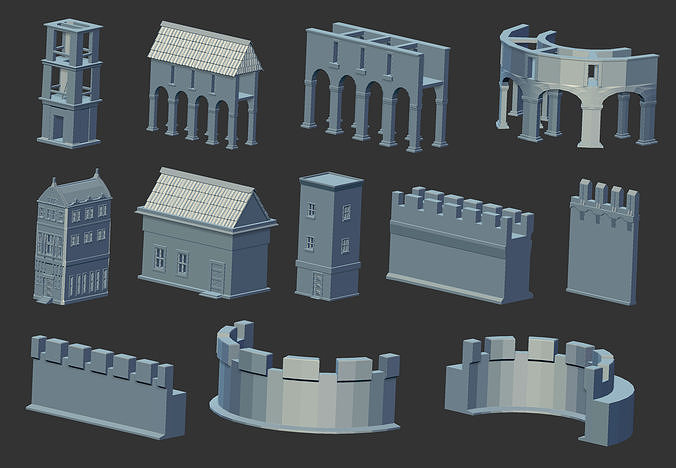 100 Low poly medieval fantasy castle fortress kitbash IMM brush 3D model 3