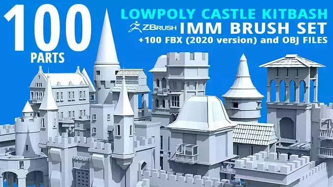 100 Low poly medieval fantasy castle fortress kitbash IMM brush 3D model