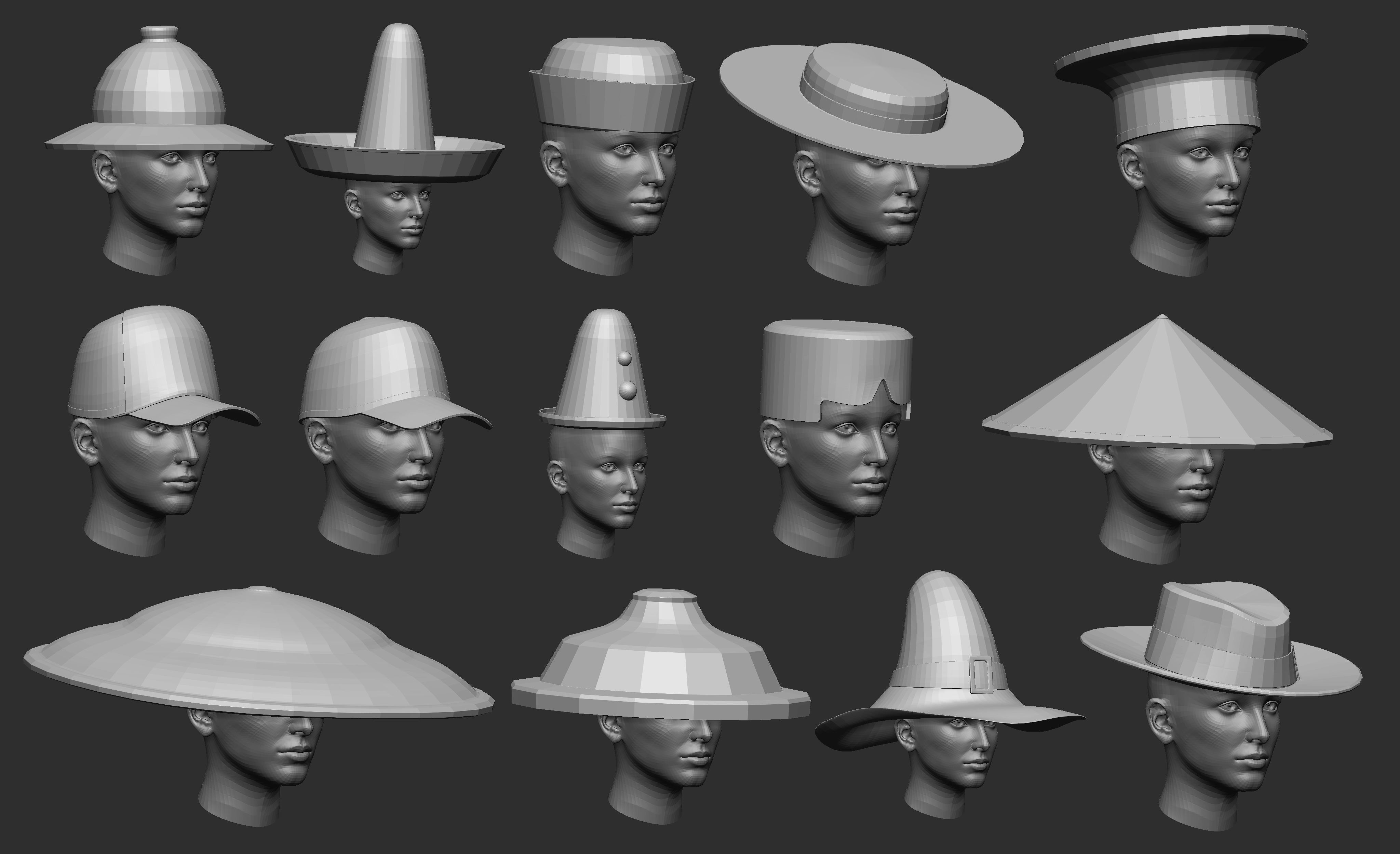 60 Low poly hat and headwear base mesh shapes IMM brush 3D model_2