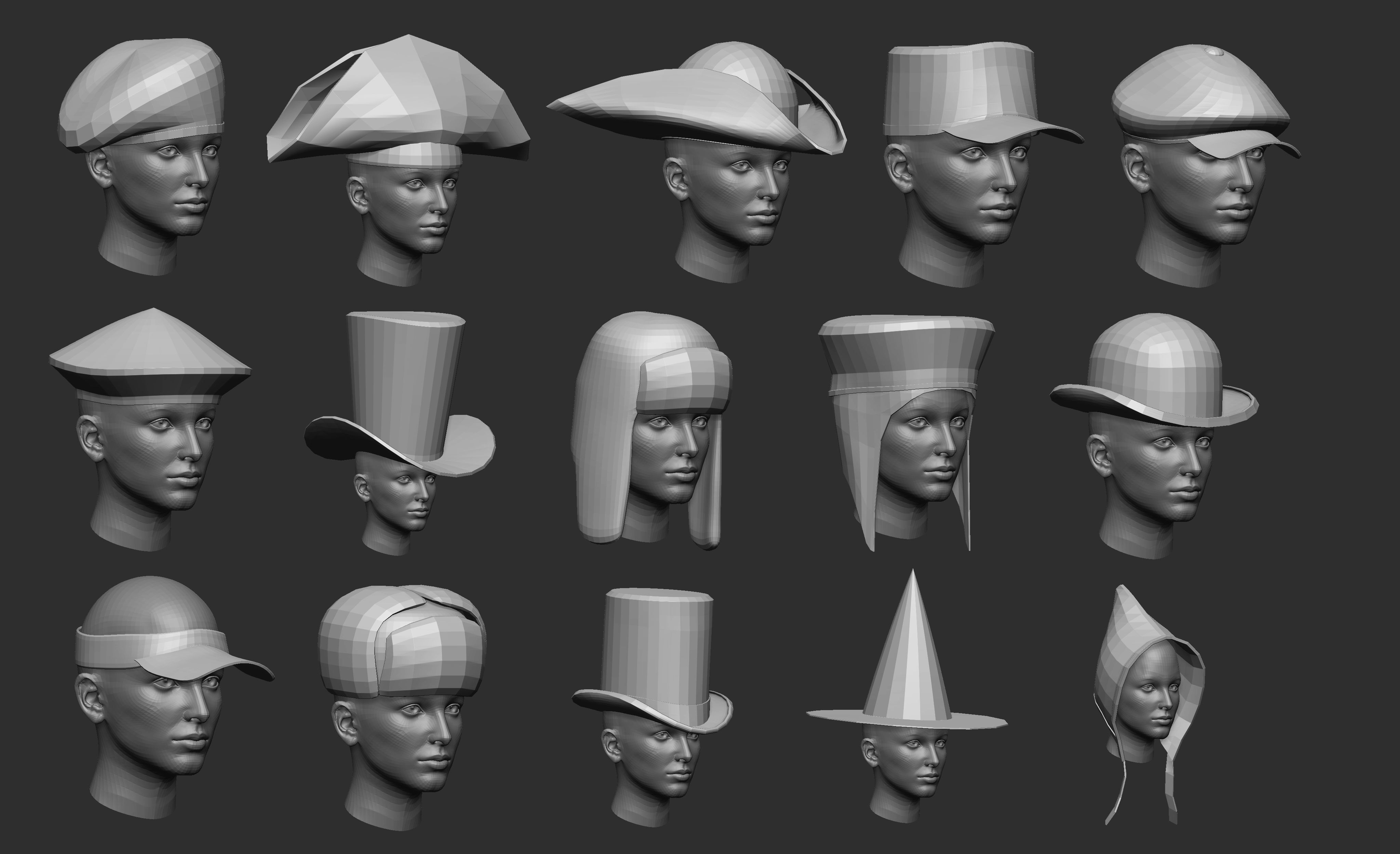 60 Low poly hat and headwear base mesh shapes IMM brush 3D model_3