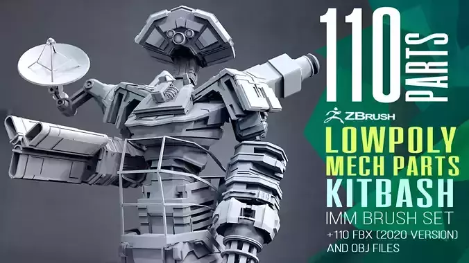 110 Low poly futuristic robot or weapon parts kitbash IMM brush 3D model