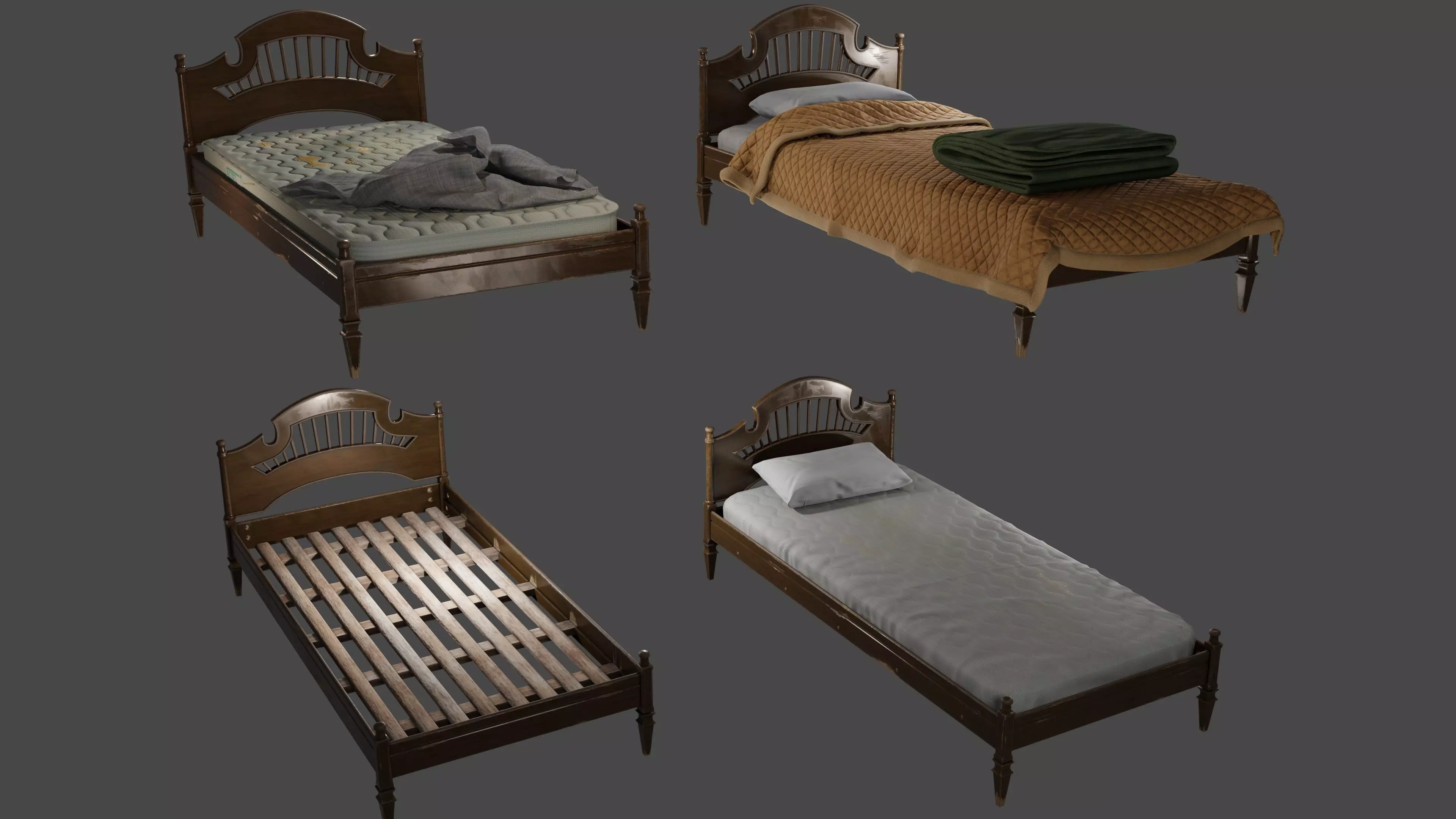Old Bed Modular Low-poly 3D model_0