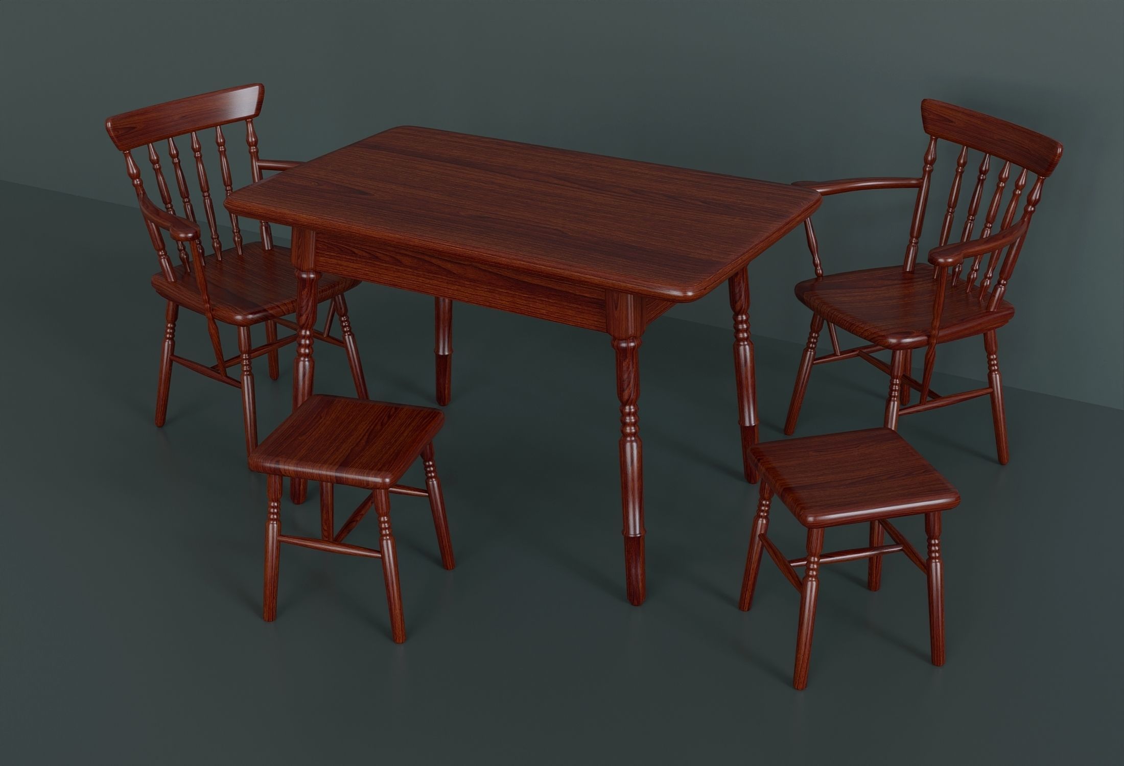 Kitchen set consisting of a table  two chairs and two stools 3D model_1