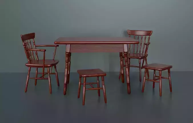 Kitchen set consisting of a table  two chairs and two stools 3D model