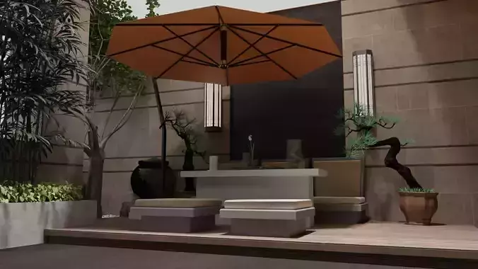 Courtyard patio with orange umbrella