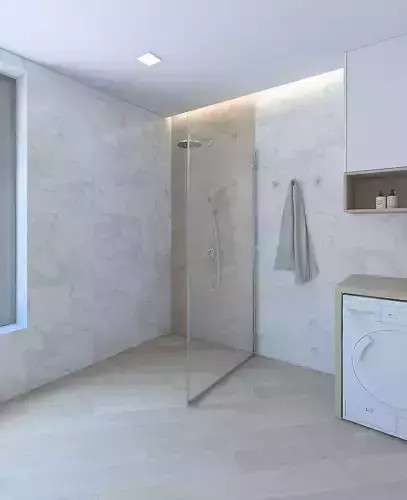 Cozy shower room with marble tiles