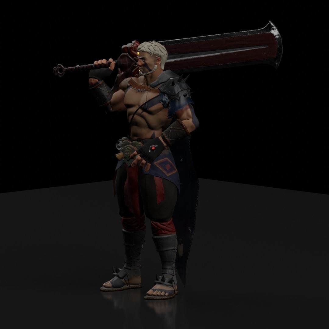 Fantasy game hero with two hand sword Low-poly 3D model_2