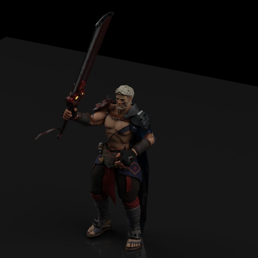 Fantasy game hero with two hand sword Low-poly 3D model_10