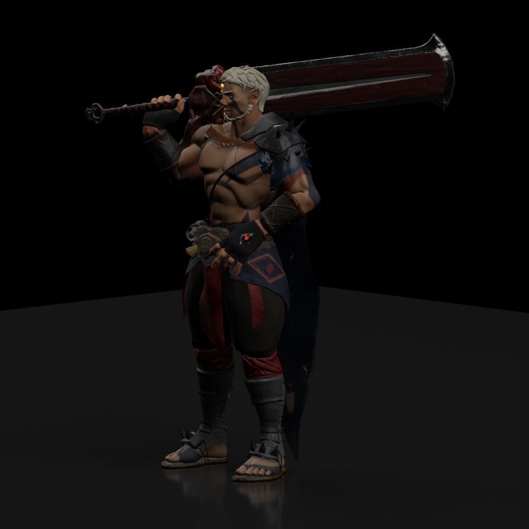 Fantasy game hero with two hand sword Low-poly 3D model_6