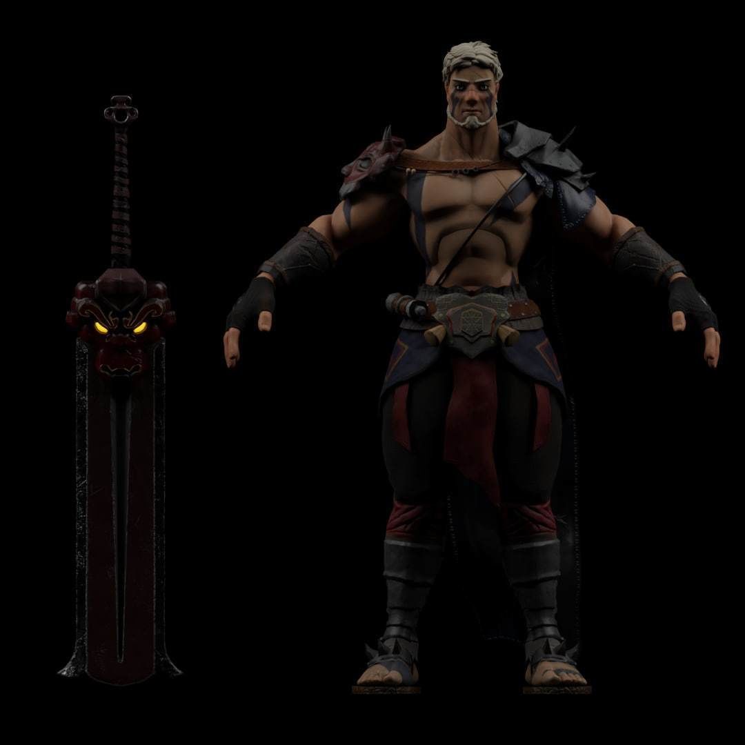 Fantasy game hero with two hand sword Low-poly 3D model_3