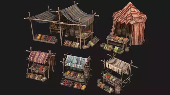Medieval Market Stalls Tent Bazaar Food Vegetables Fruits Pack