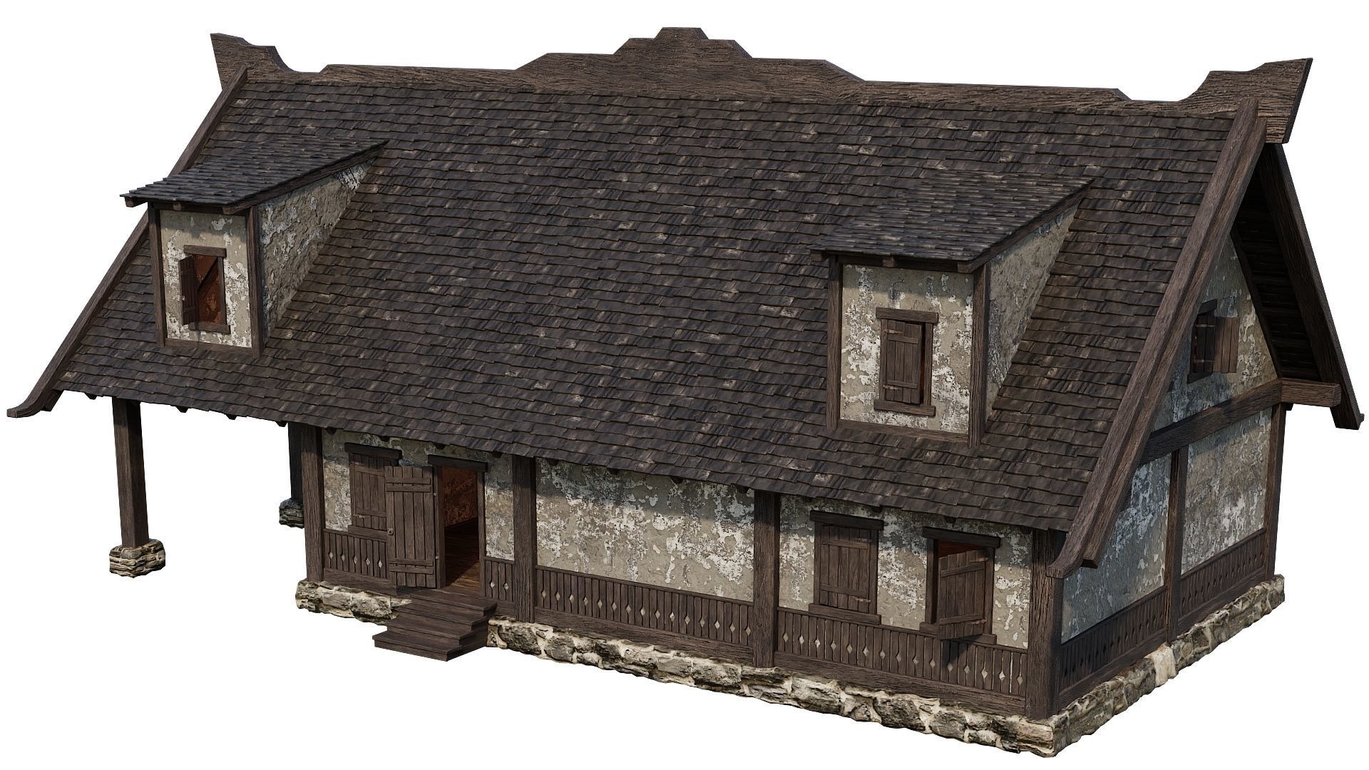 4 Old Medieval Houses Building Pack 4K Tex GameReady 93 to 96 Low-poly 3D model_29