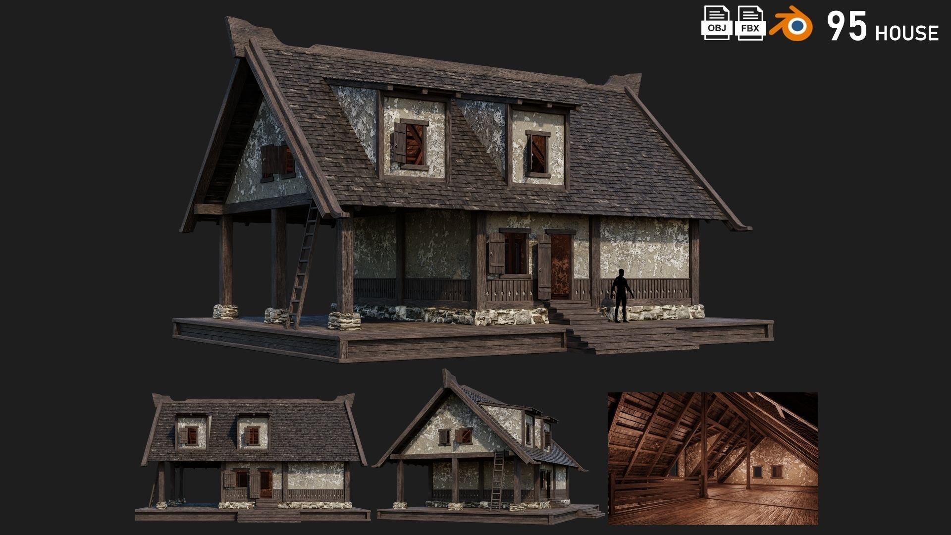 4 Old Medieval Houses Building Pack 4K Tex GameReady 93 to 96 Low-poly 3D model_3