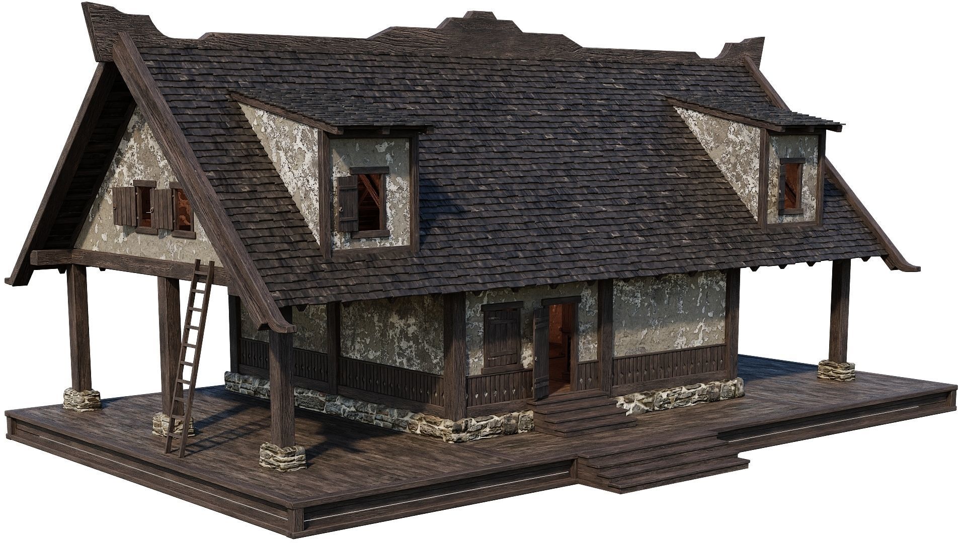 4 Old Medieval Houses Building Pack 4K Tex GameReady 93 to 96 Low-poly 3D model_50