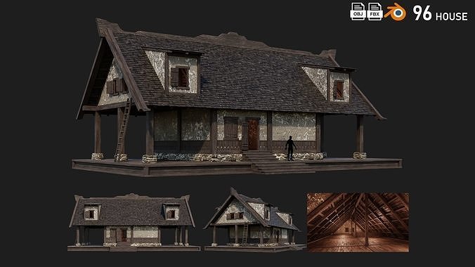 4 Old Medieval Houses Building Pack 4K Tex GameReady 93 to 96 Low-poly 3D model 5