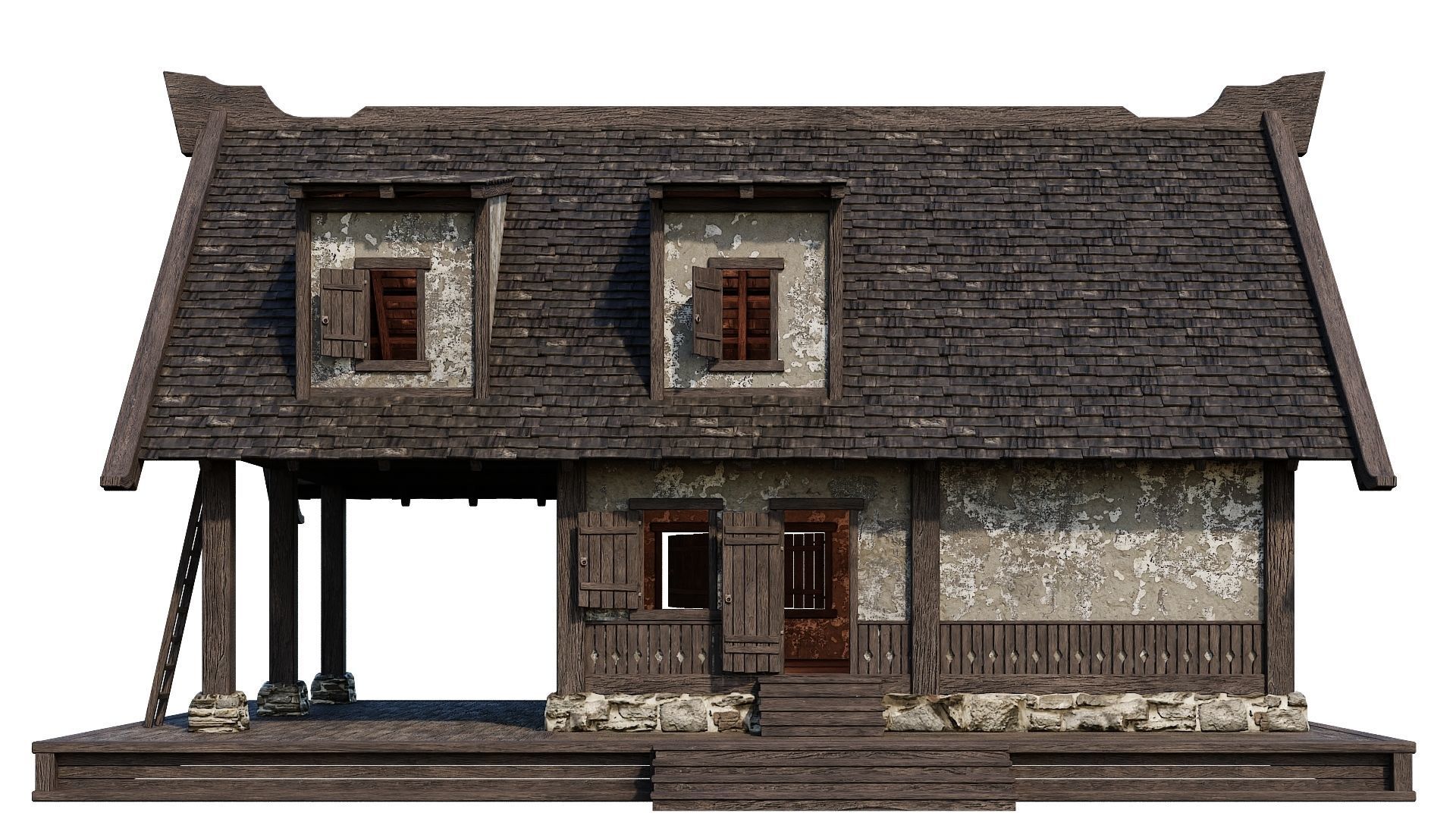 4 Old Medieval Houses Building Pack 4K Tex GameReady 93 to 96 Low-poly 3D model_37
