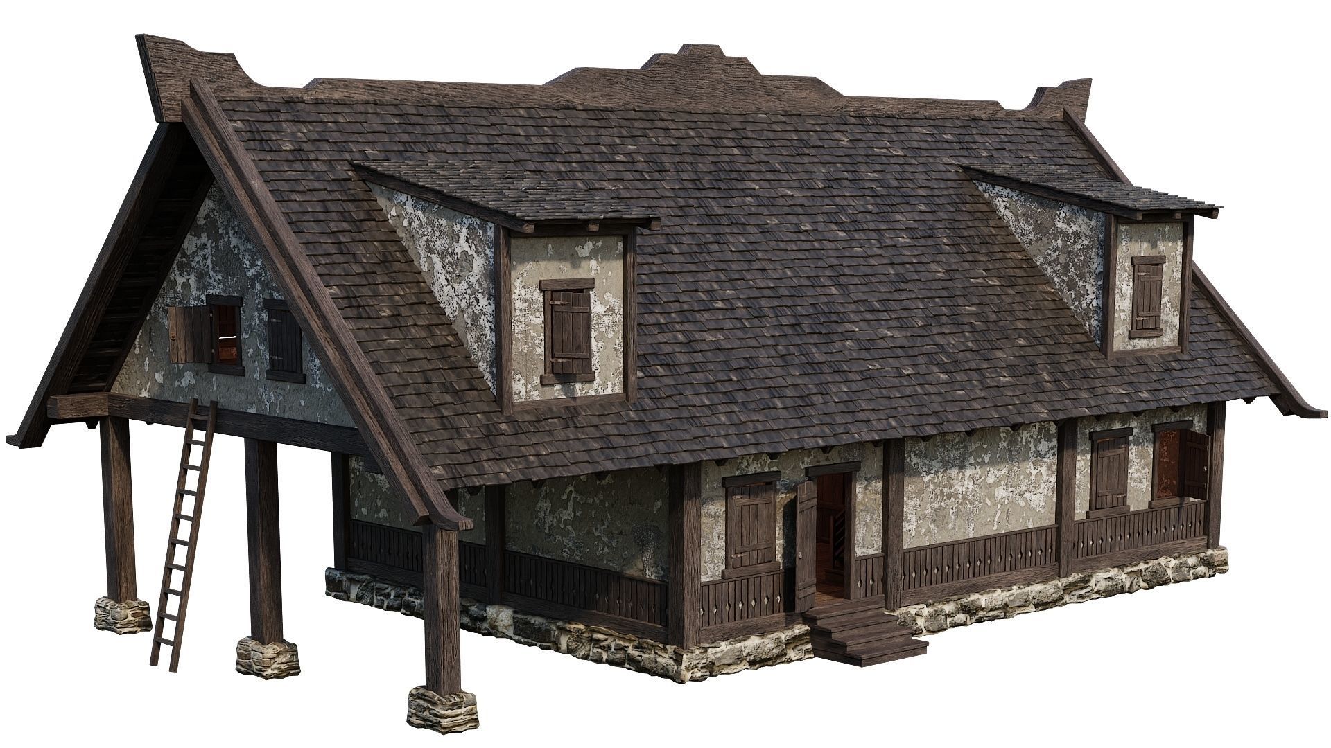 4 Old Medieval Houses Building Pack 4K Tex GameReady 93 to 96 Low-poly 3D model_28